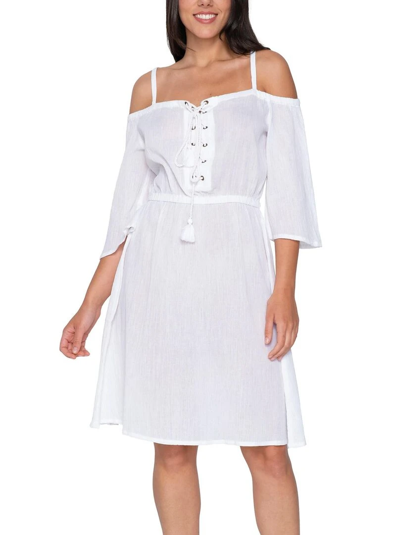 Robe estivale épaules dénudées demi manches Mia Blanc