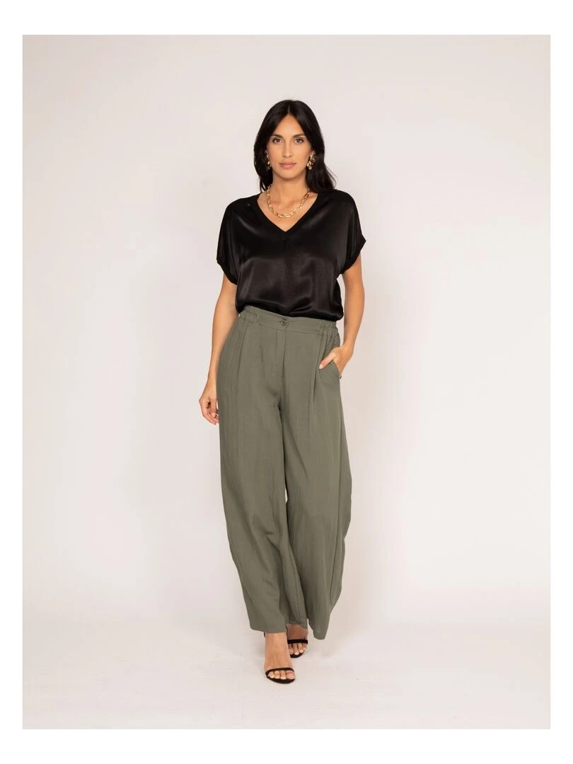 T shirt col V satin FENTA   Noir