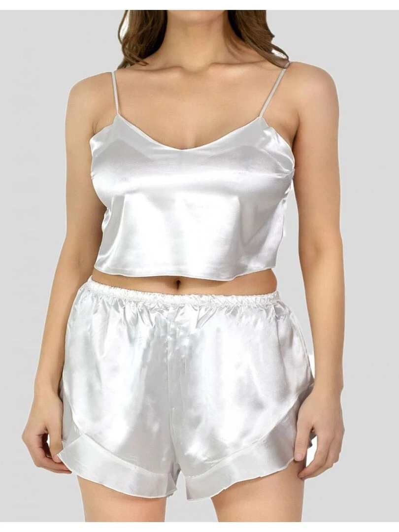 Ensemble Pyjashort fluide en satin Kebello Blanc Blanc