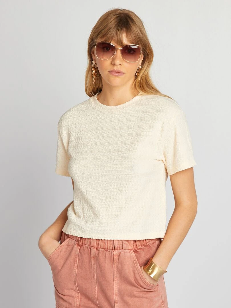 T shirt stretch en mailel gaufrée   Beige crème