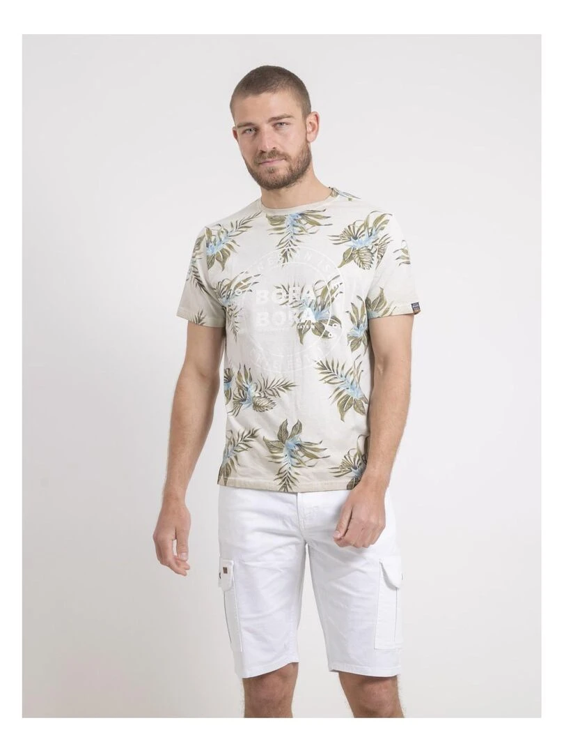 T shirt col rond pur coton motifs NULEMON Beige
