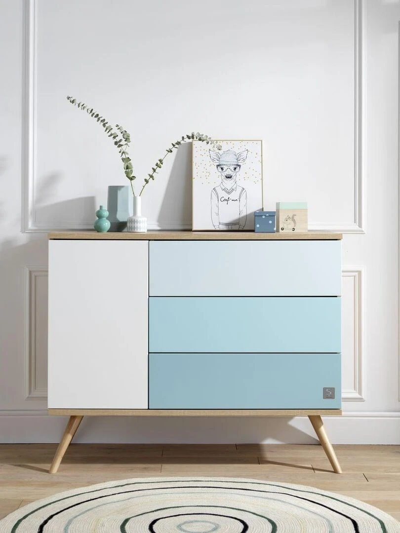 Commode 1 porte 3 tiroirs en bois   SAUTHON   Blanc Bleu