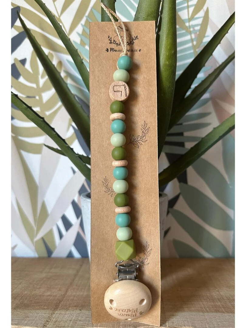 Attache tétine bois et silicone 'Dinosaure'   Vert kaki
