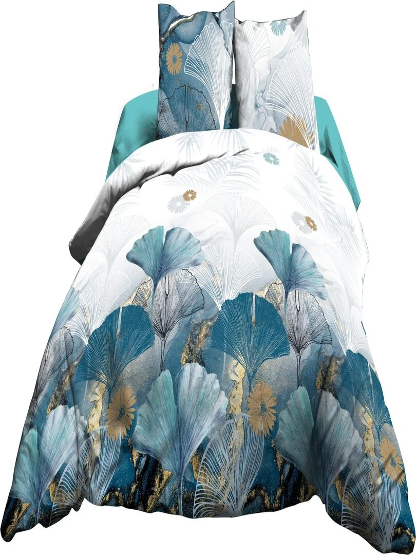 Housse de couette 240x260 + 2 taies Pur coton 57 fils Ginko bleu Bleu