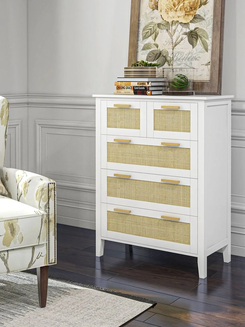 Commode 5 tiroirs cannage en rotin MDF blanc bois de pin   Blanc