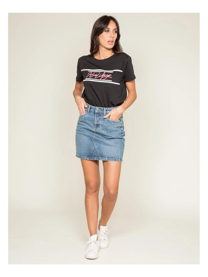 T shirt col rond message FOLIDAY   Noir