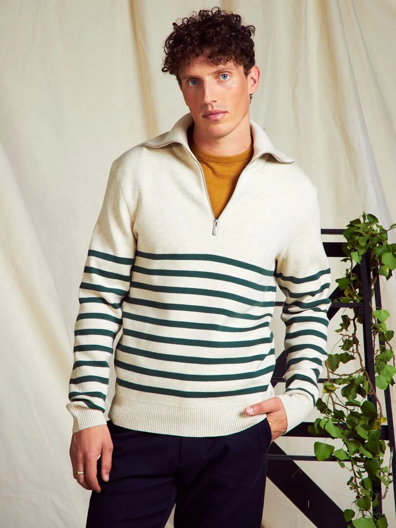 Pull rayé à col camionneur Blanc/vert