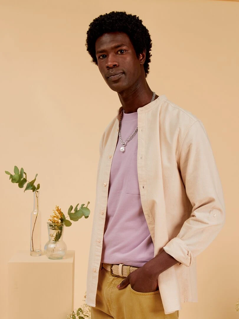 Chemise oxford col mao Beige