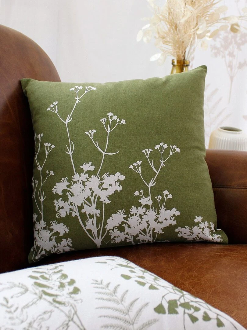 Coussin déhoussable 40x40 cm Herbier vert olive écru coton   Vert