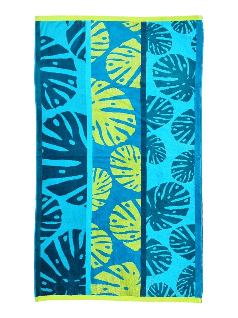 Serviette de plage éponge velours Jacquard Monstera 90x170 400g/m² Bleu canard