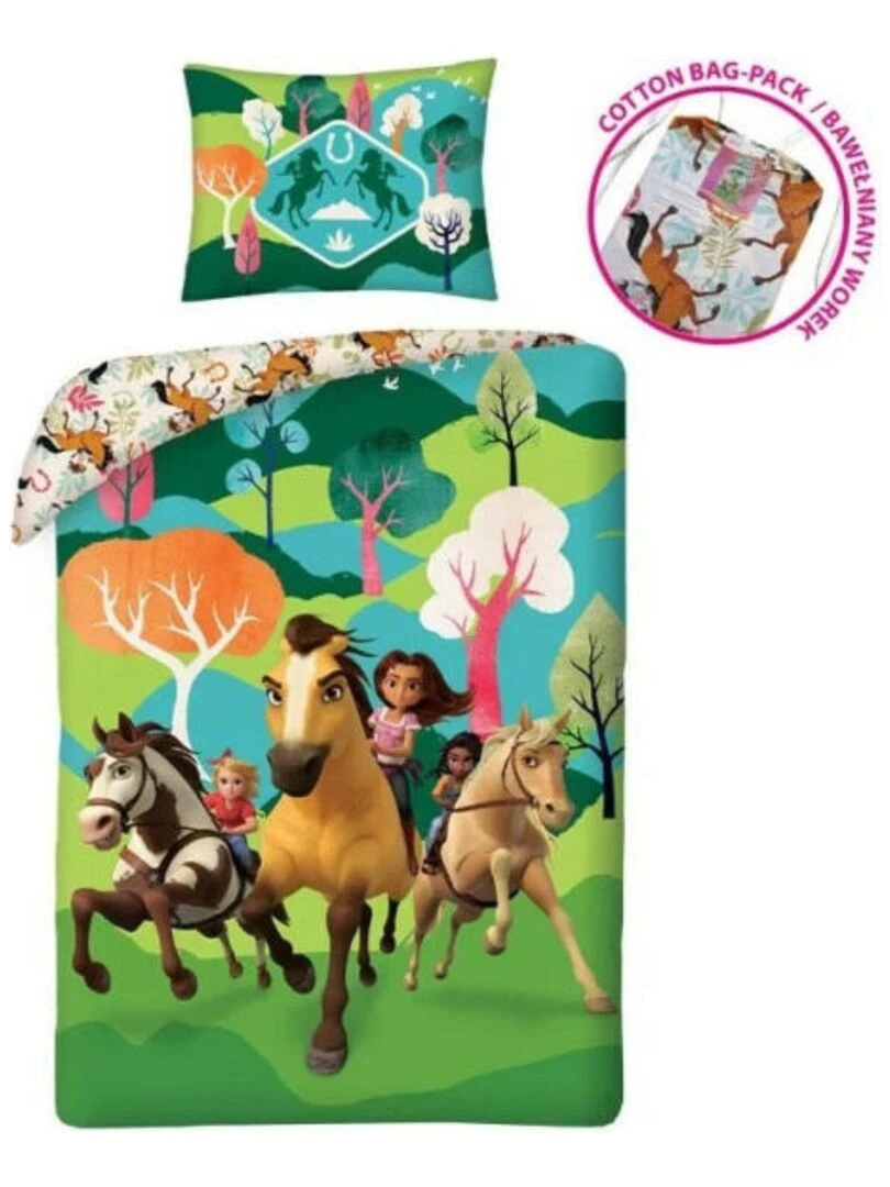 Parure de Lit Enfant Coton Cheval Equitation Vert