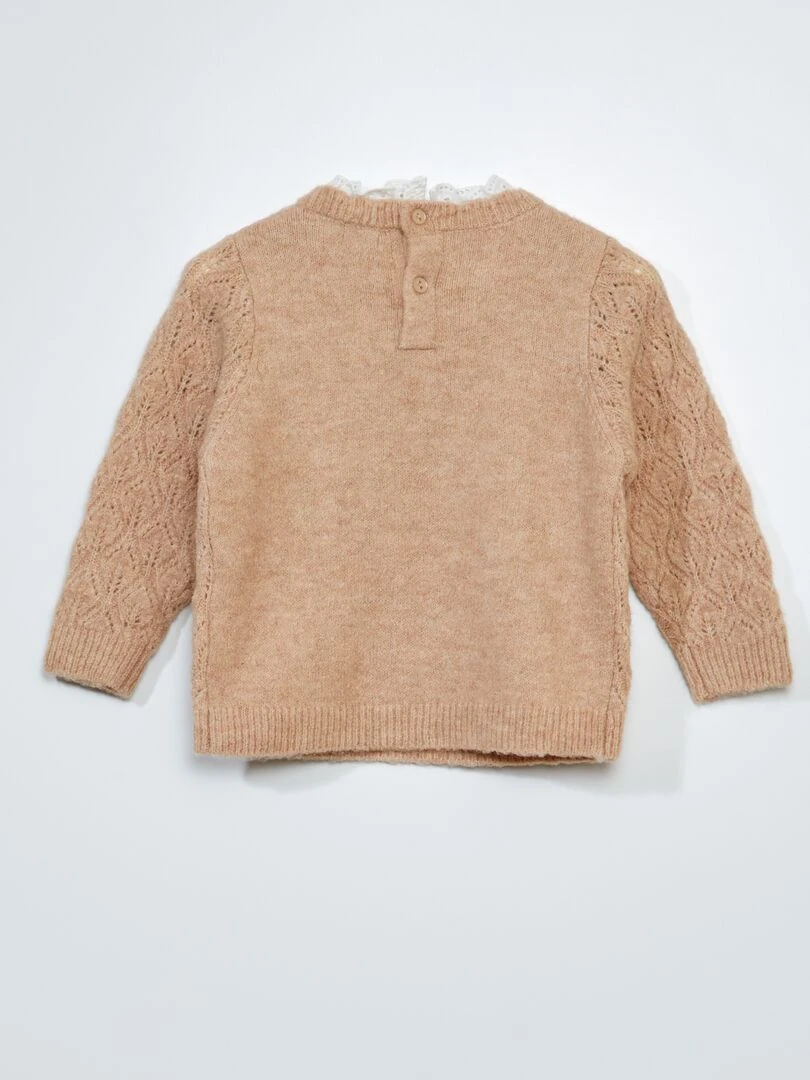 Pull en maille ajourée + broderie anglaise Beige