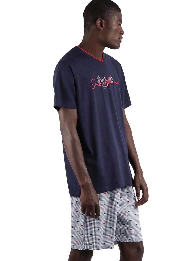Pyjama short t shirt Sailing   Bleu marine