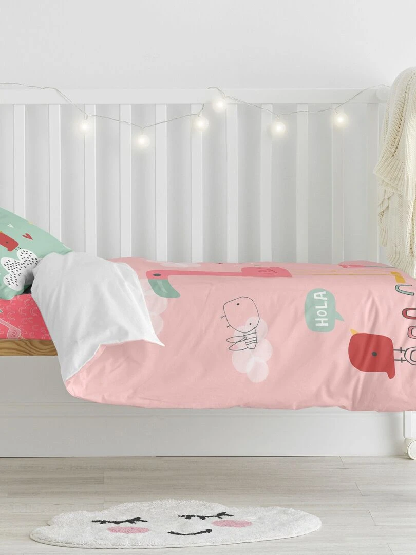 Parure housse de couette 2 pièces Hola Lit Bébé "Happyfriday"   Rose