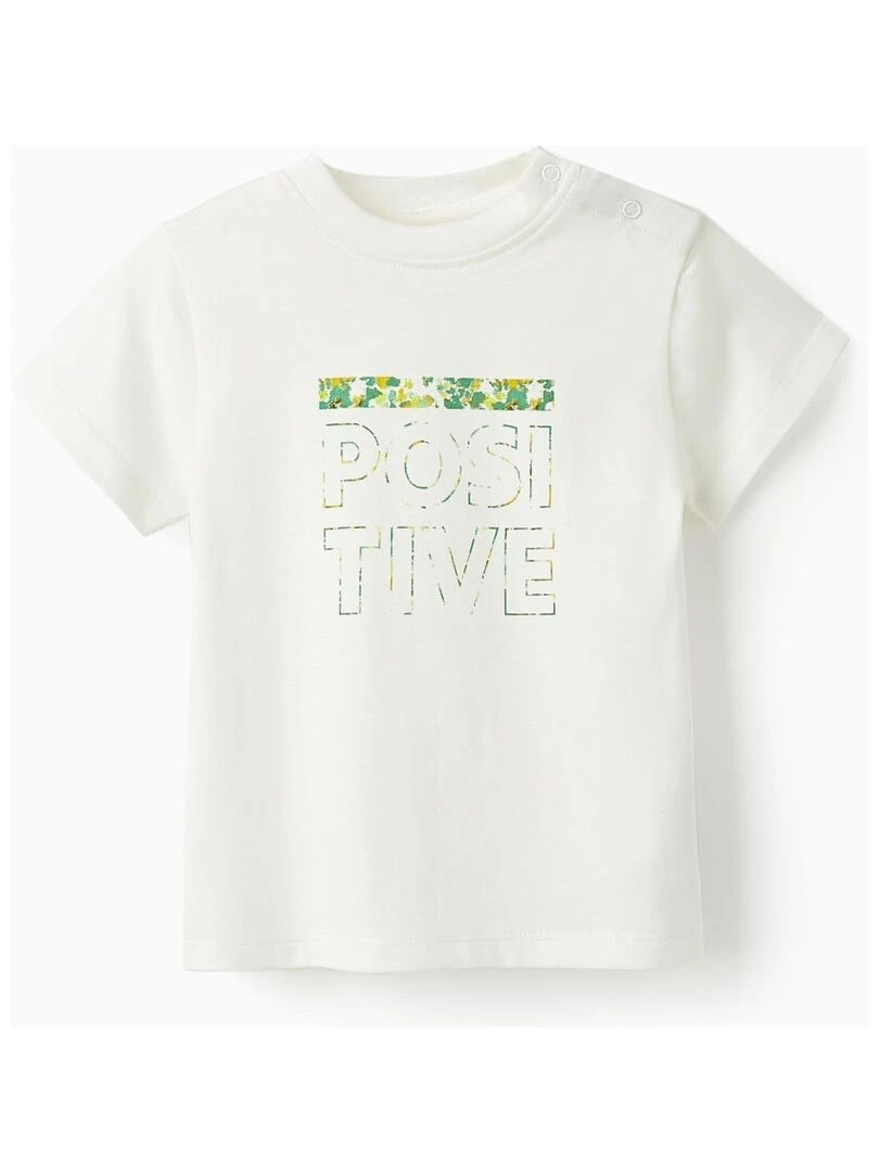 T shirt en coton pour bébé garçon 'Positive' manches courtes Blanc