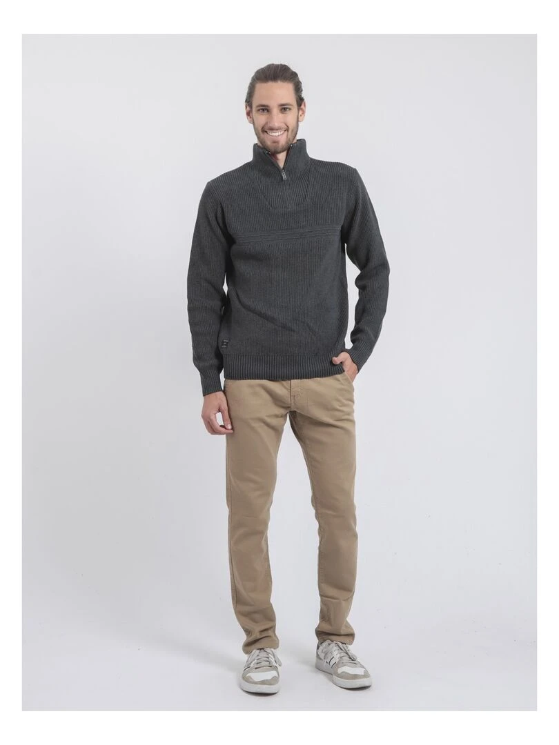 Pull col montant zippé pur coton LOMATH   Gris foncé