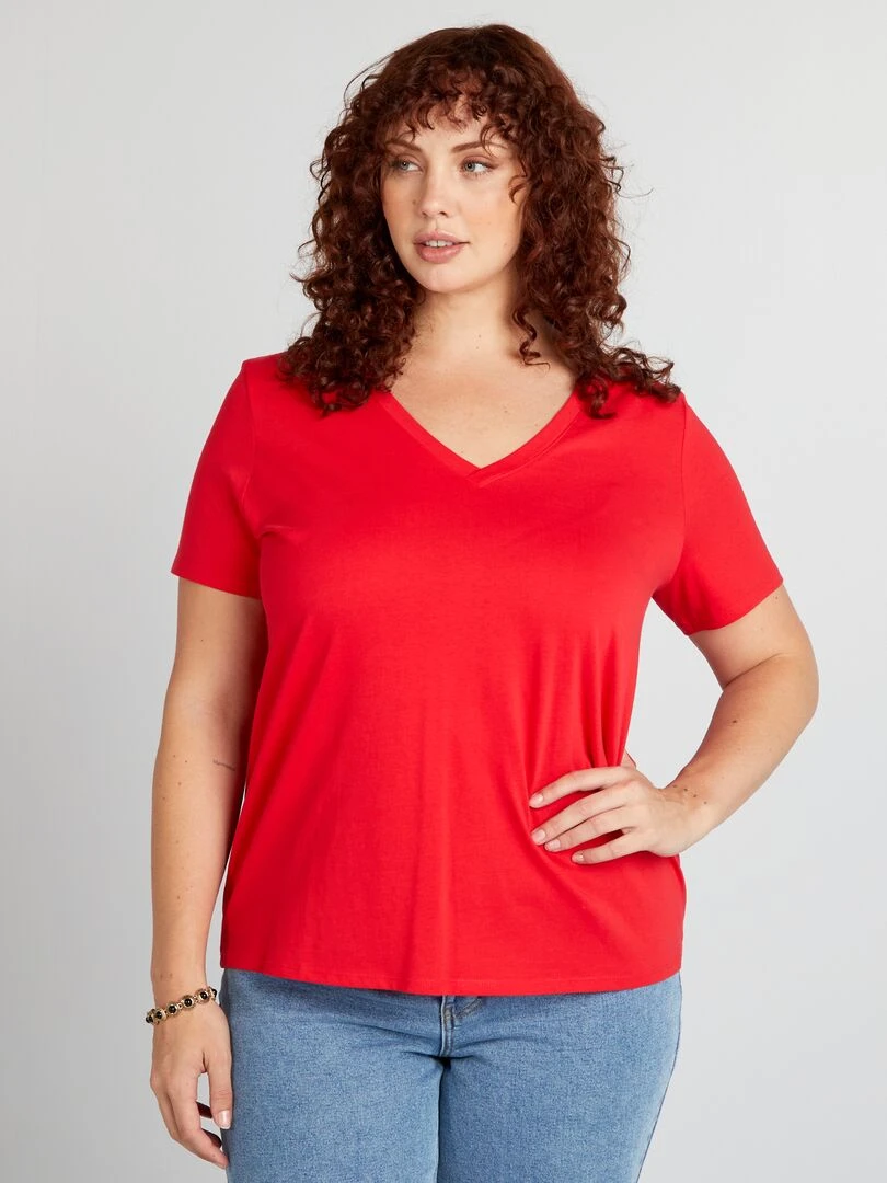 T shirt en jersey à col V   rouge