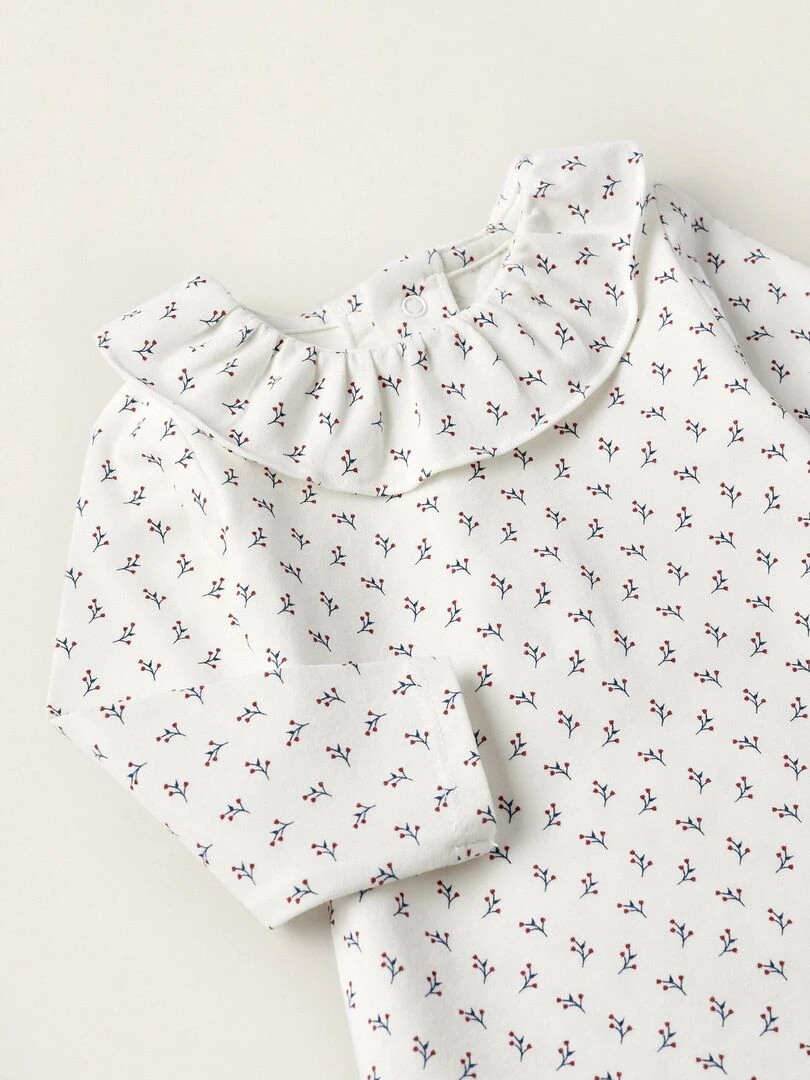 Body en jersey de coton avec volant pour nouveau né 'Floral' manches longues ATLANTIC COMPANY   Blanc
