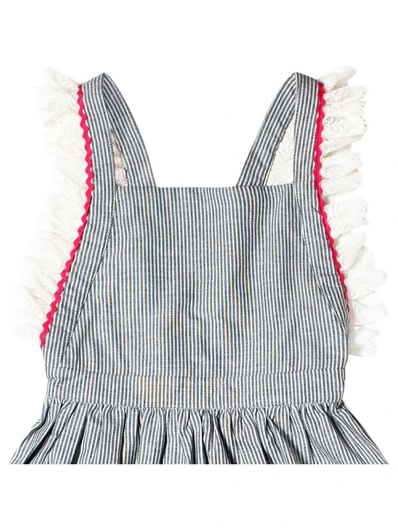 Robe Cérémonie Bohème Fille  Dentelle Fines Rayures Grises  LILI   La Faute à Voltaire   Gris Gris Blanc