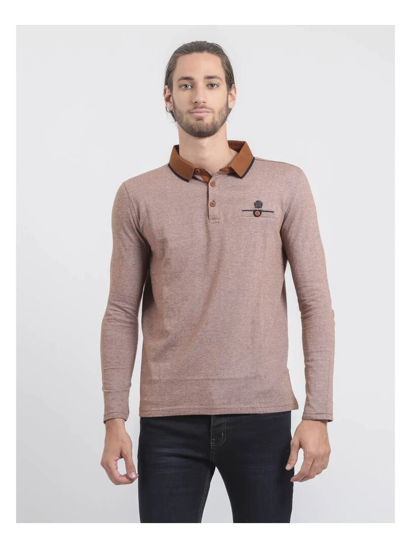 Polo manches longues pur coton PIWANGA Marron caramel
