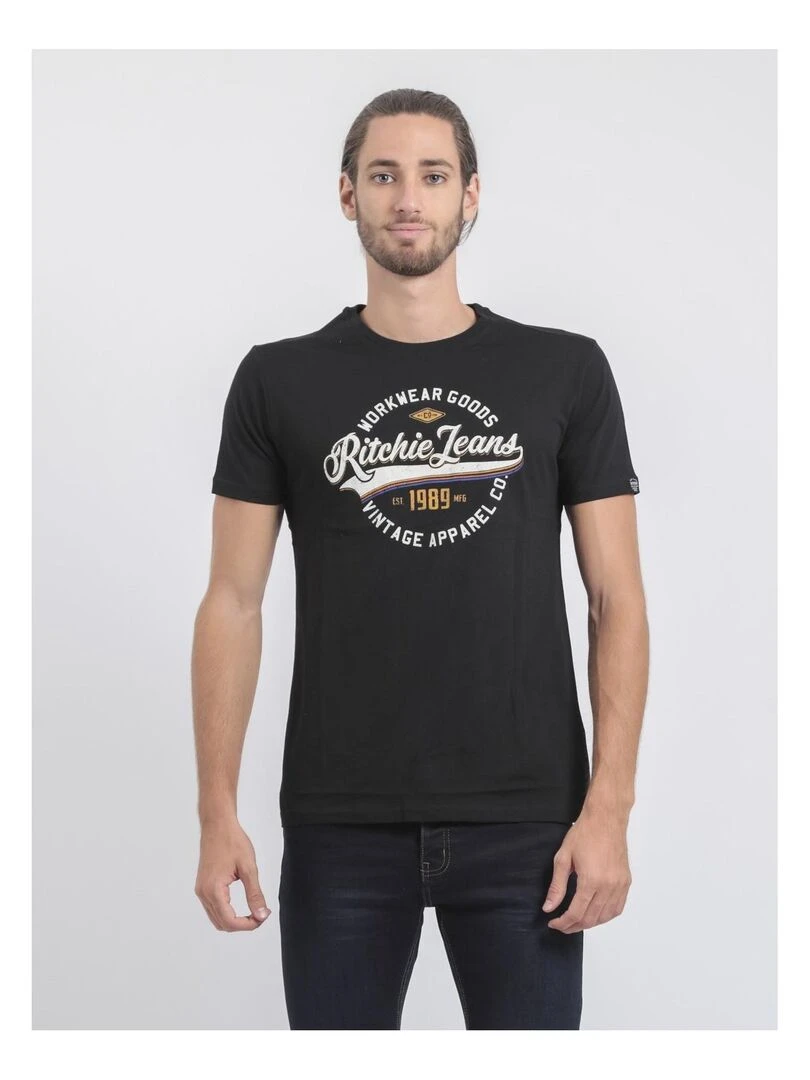 T shirt col rond pur coton JONAK Noir