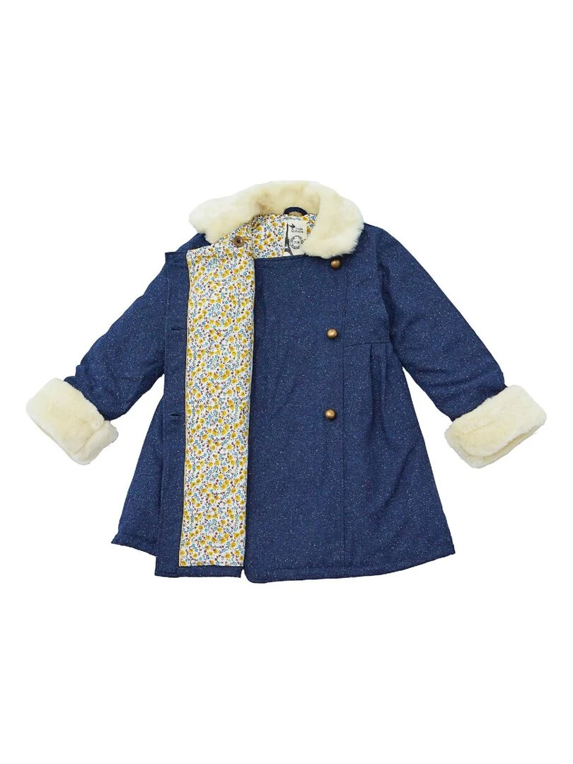 Manteau Laine Tweed Bleu Marine Fille  Fausse Fourrure  ANOUSHKA   'LA FAUTE A VOLTAIRE'   Bleu marine