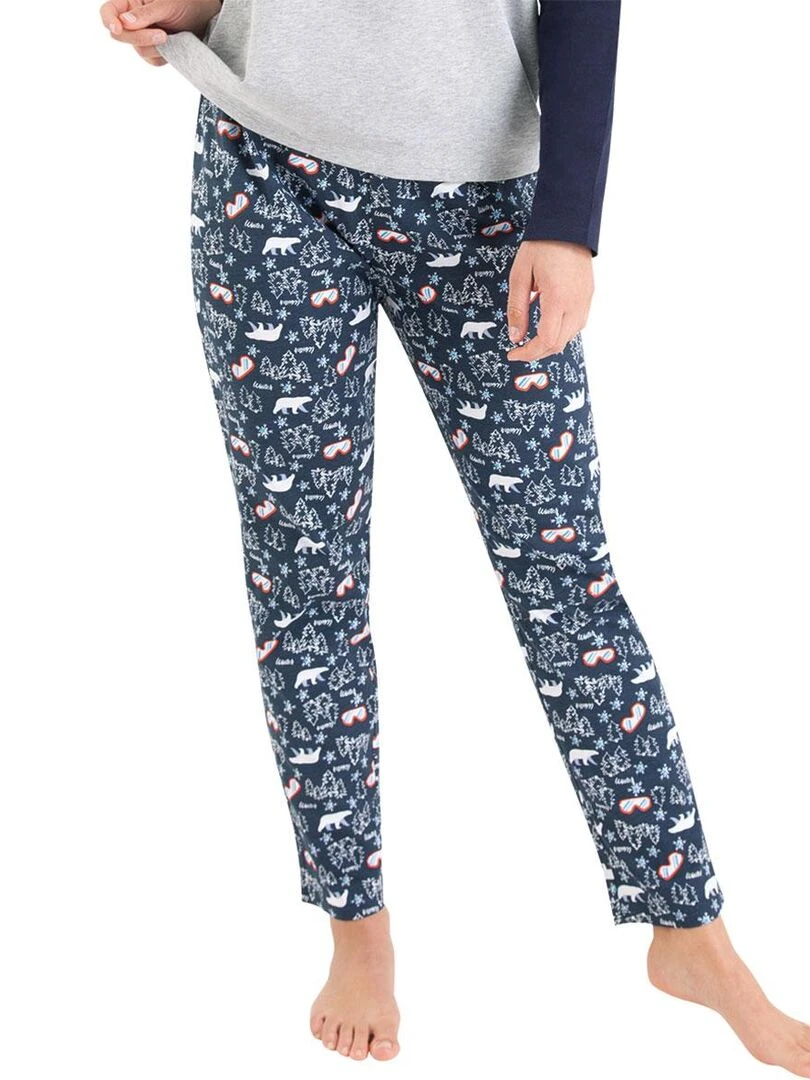 Pyjama long col rond femme Family Gris Bleu