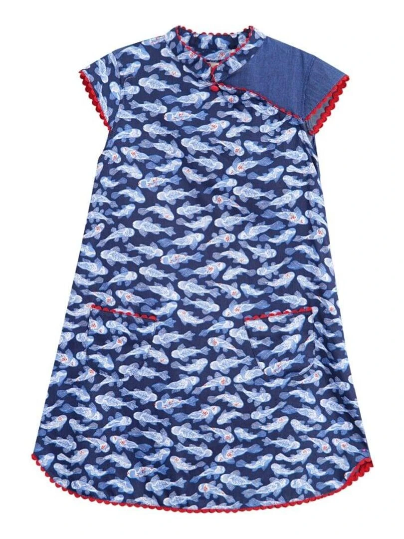 Robe Chinoise Fille  Poisson Koï Bleu  col Mao  ANNAM   'LA FAUTE A VOLTAIRE'   Bleu