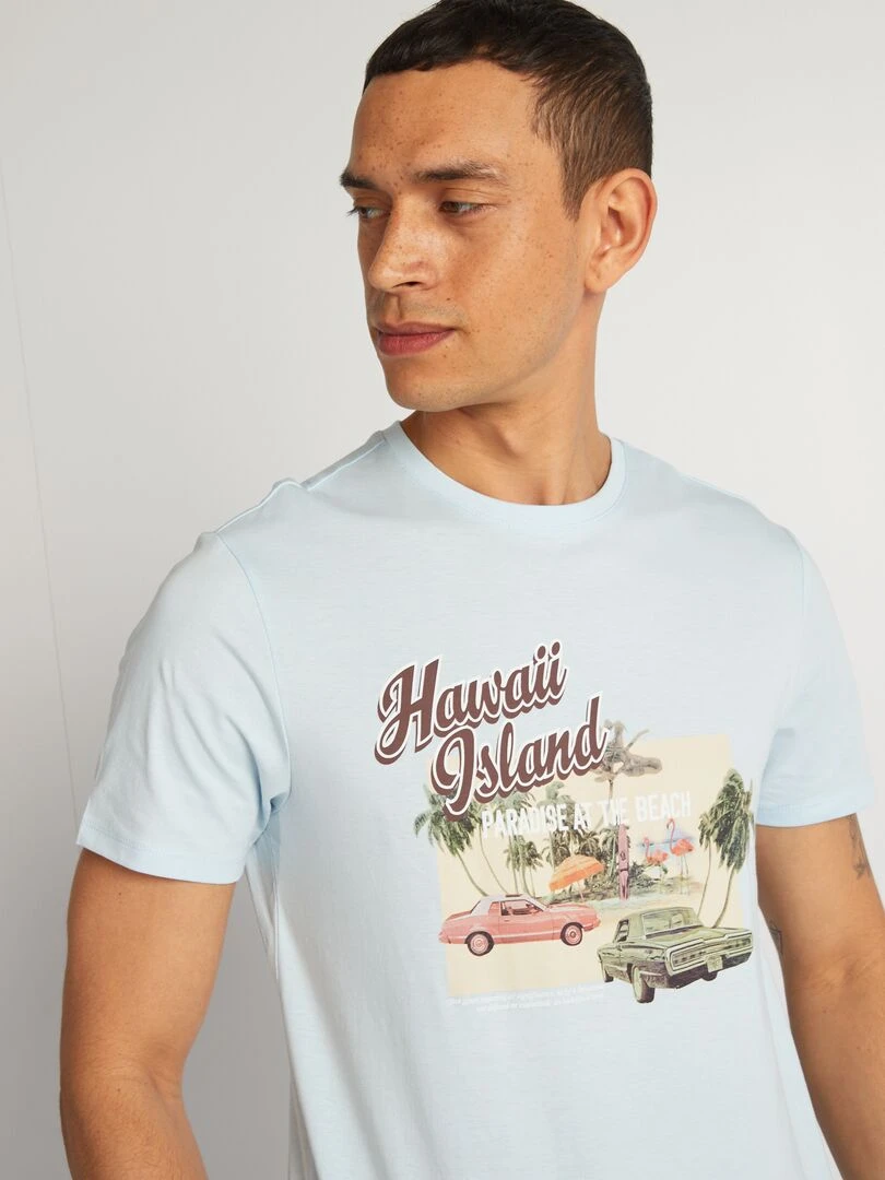 T shirt en coton imprimé à col rond   Bleu clair 'Hawaï'