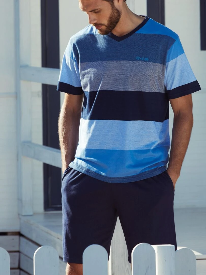 Tenue d'intérieur pyjama short t shirt Stay Stripes bleu   Bleu