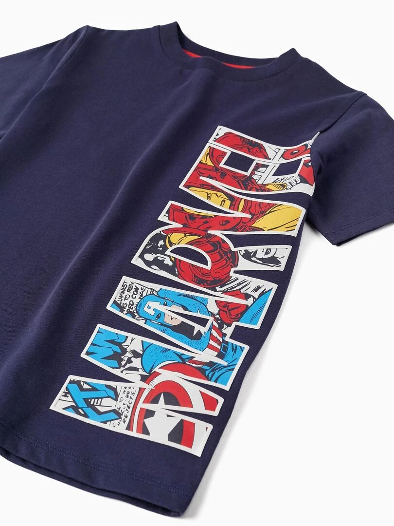 T shirt en coton pour garçon 'Captain America & Iron Man' manches courtes   Bleu foncé
