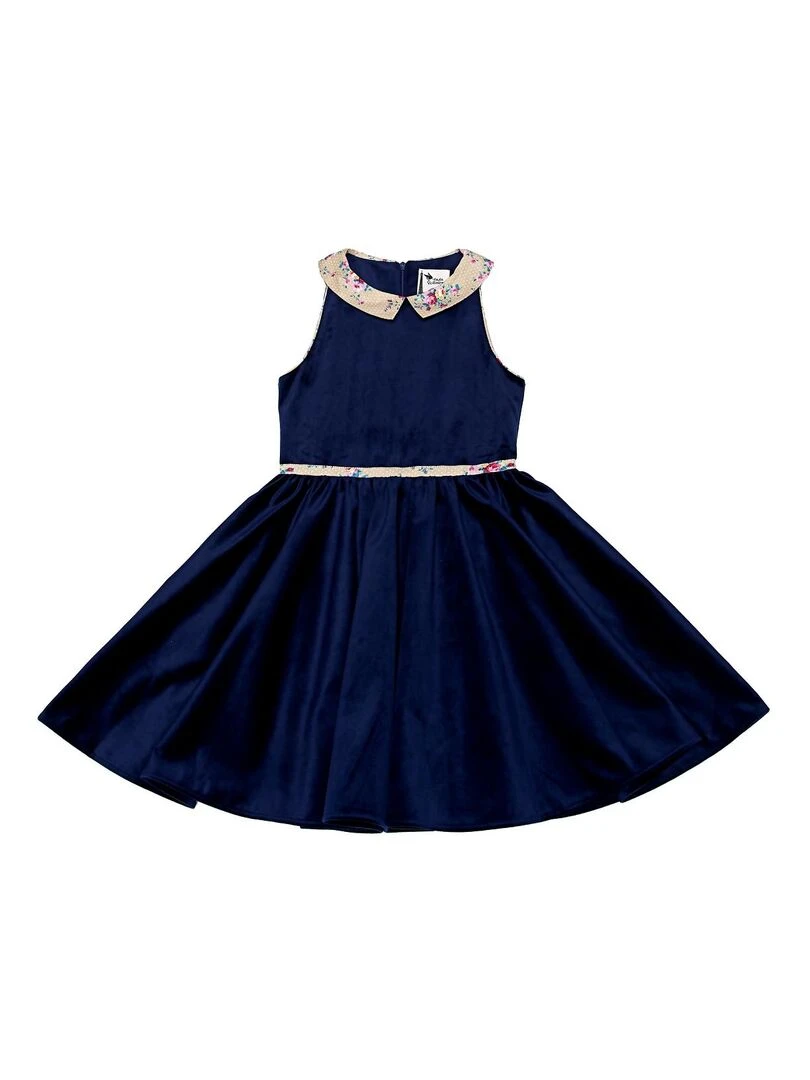 Robe Qui Tourne Fille  Velours Bleu Marine  Col Fleuri Beige  HEPBURN   'LA FAUTE A VOLTAIRE'   Bleu marine