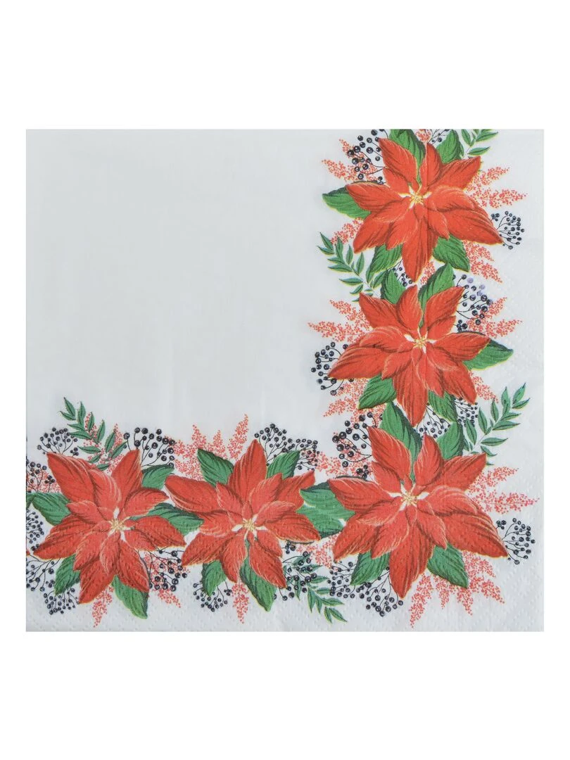 Lot de 20 serviettes en papier Bordure de poinsettias Blanc