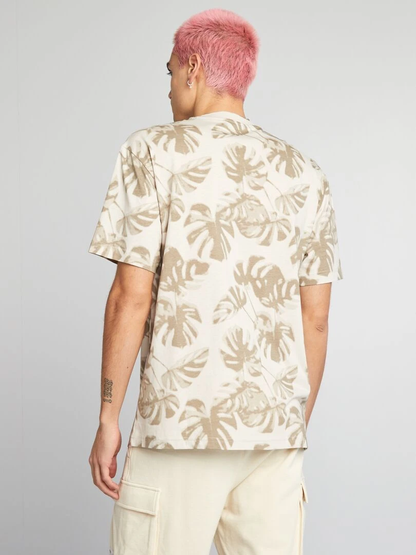 T shirt à col rond avec imprimé   Beige 'feuilles'