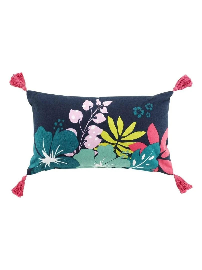 Coussin pompons 30x50 Hawai coton Bleu
