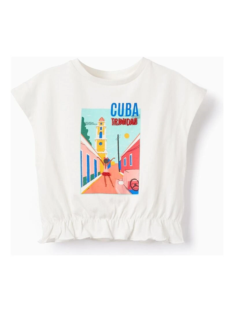 T Shirt De Coton Avec Perles Pour Fille 'Cuba' manches courtes CUBA Blanc