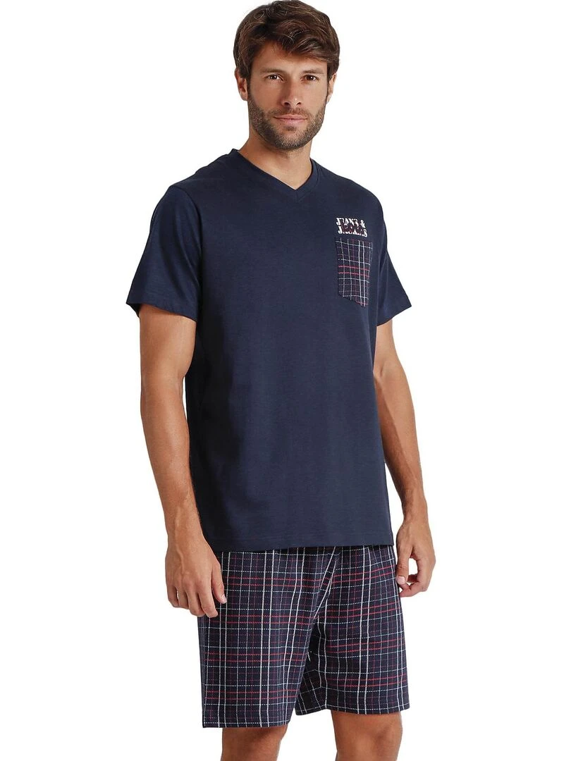 Pyjama short t shirt col V JAndJ Lois   Bleu marine