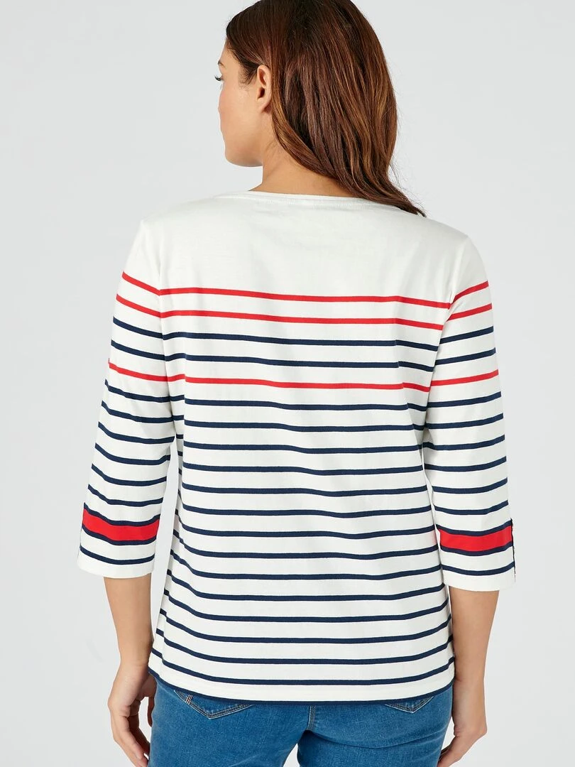 Tee shirt marinière en pur coton manches 3/4   Damart   Blanc Rouge