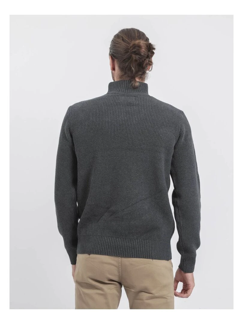 Pull col montant zippé pur coton LOMATH Gris foncé