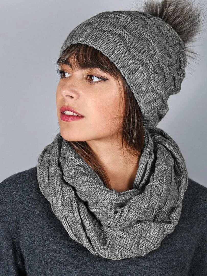 Ensemble Snood Bonnet Nora Made in UE Gris foncé