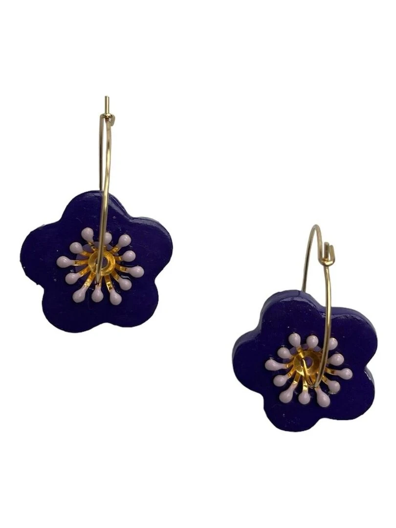 Boucles d'oreilles  créoles fleur violette en céramique   Modèle unique artisanal   Violet