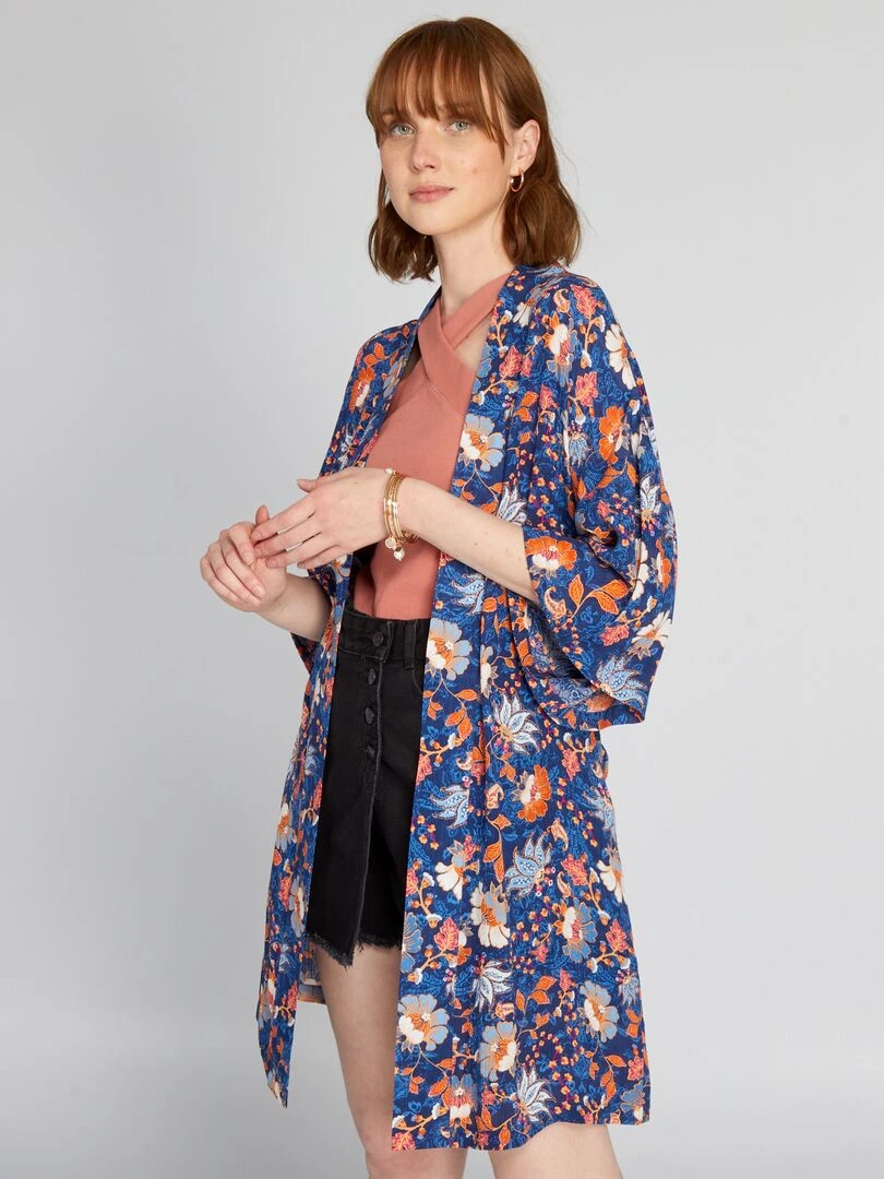 Veste kimono imprimée et ceinturée Bleu