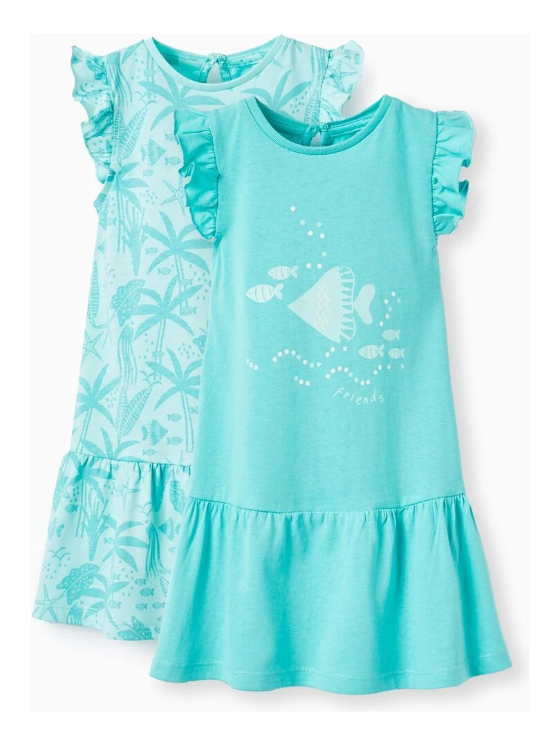 Pack 2 Robes en Coton pour Bébé Fille 'Sea Friends' manches courtes EXPLORING AUSTRALIA Vert clair