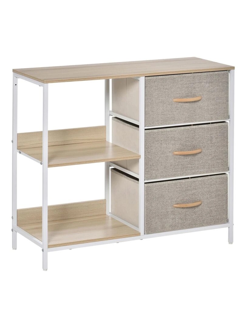 Commode design 3 tiroirs 2 étagères métal MDF non tissé Beige