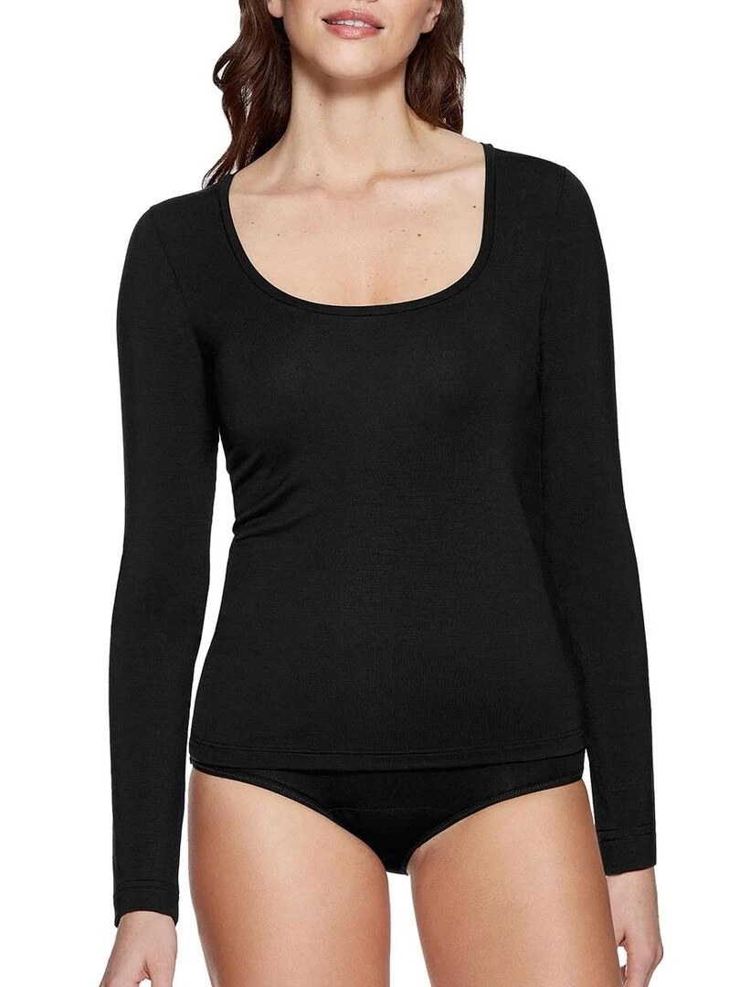 Tricot de peau manches longues en laine et lyocell Premium Wool Noir