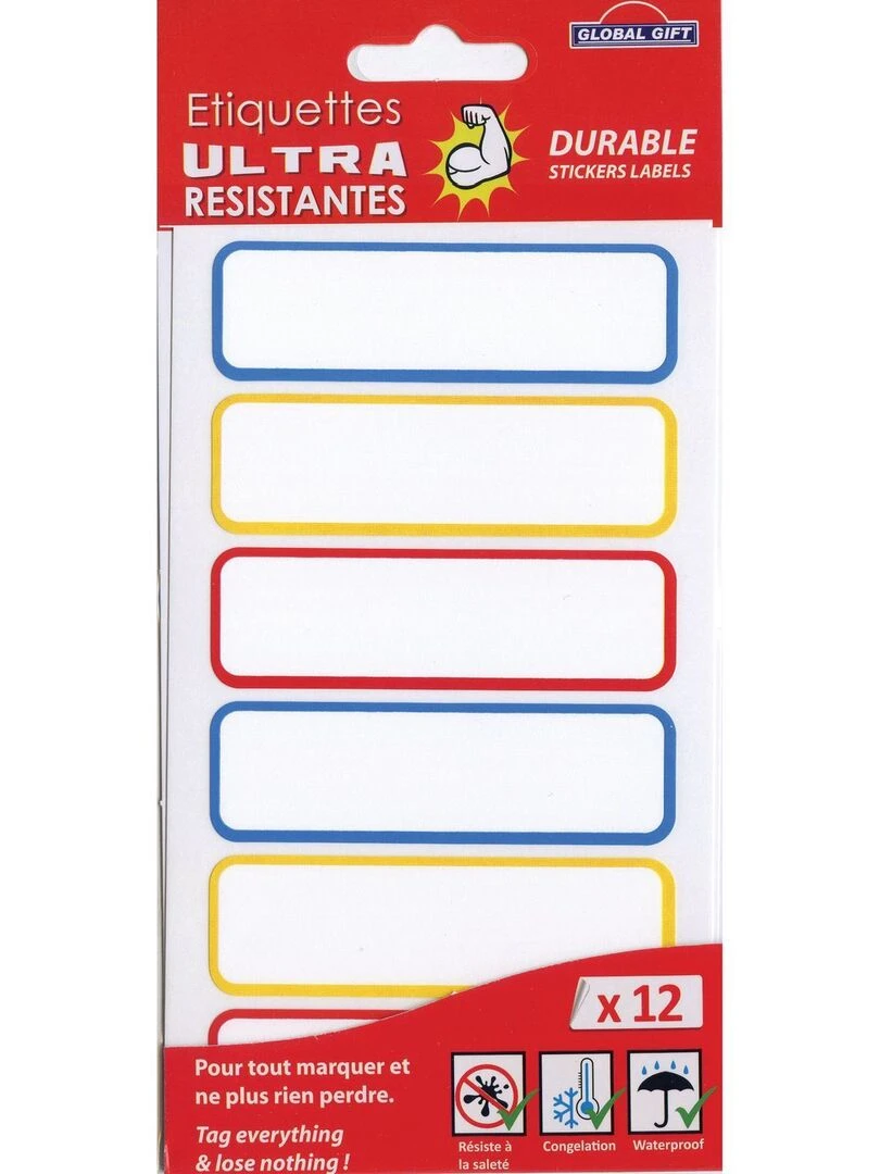 12 étiquettes plastifiées Couleurs primaires Ultra résistantes N/A
