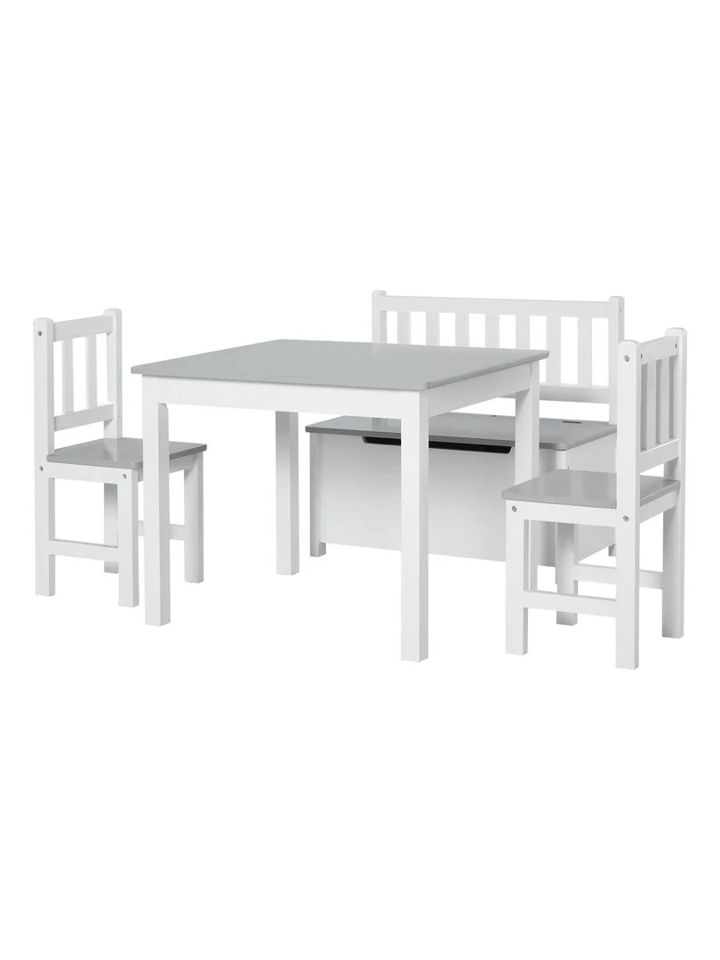 Ensemble table chaises enfant set de 4 pcs table 2 chaises banc coffre 2 en 1 MDF pin Gris