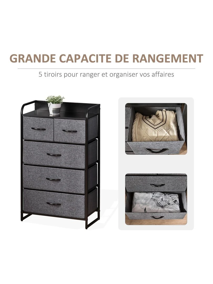 Commode meuble de rangement 5 tiroirs pliables en tissu 58 x 29 x 99 cm   Gris