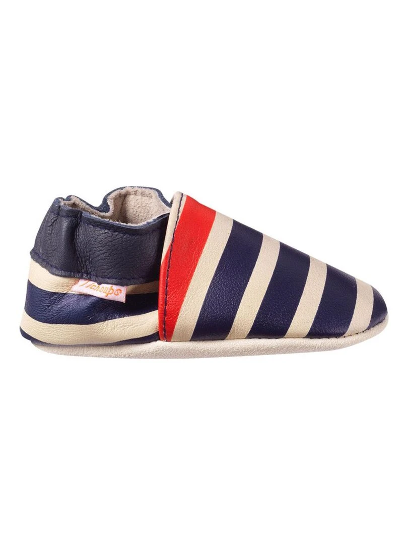 Chaussons bébé cuir souple Marcus rayé marine et rouge Beige