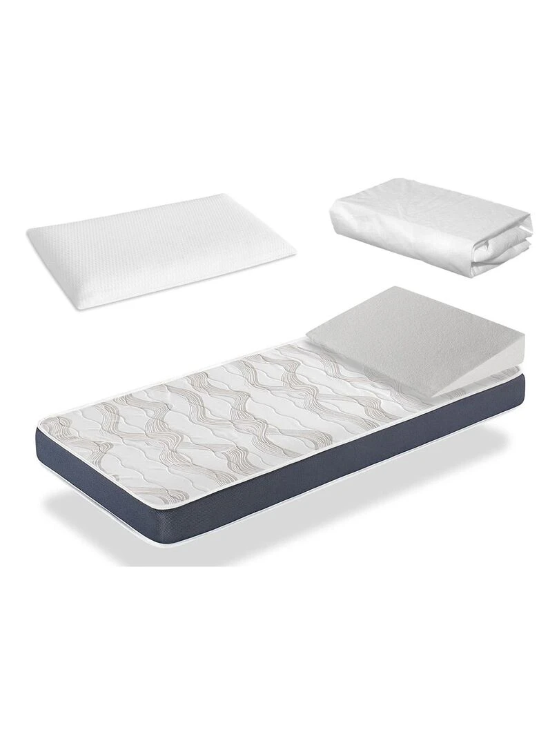 Pack matelas bebe BABY BLEU H14cm + plan incliné 15º + oreiller + protège matelas Blanc Bleu